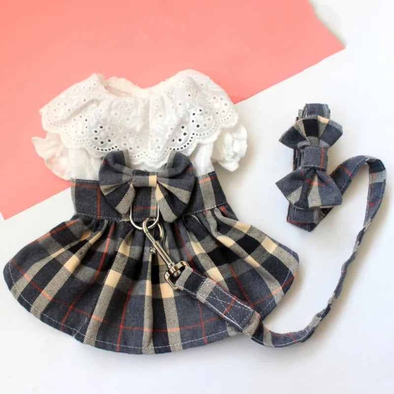 Roupa Pet Vestido com Guia Xadrez para Cães e Gatos