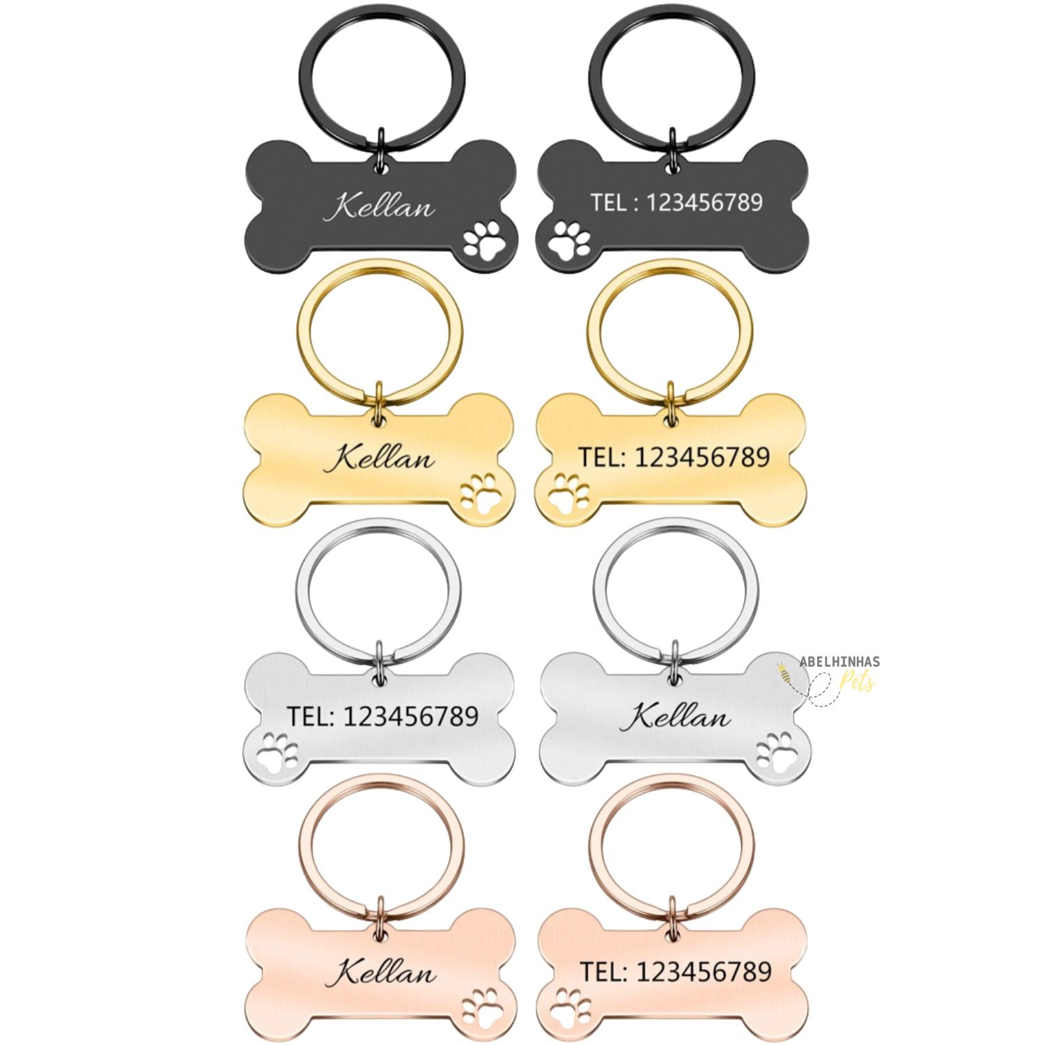 Pingente Personalizado de Identificação pra Coleira de Cães e Gatos - Formato de Osso